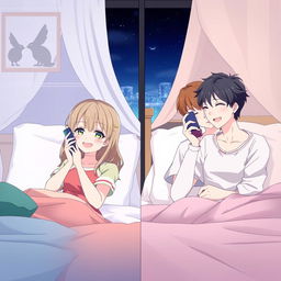 Create an image featuring two anime couples separated in different rooms at night, each talking to each other over a mobile phone call