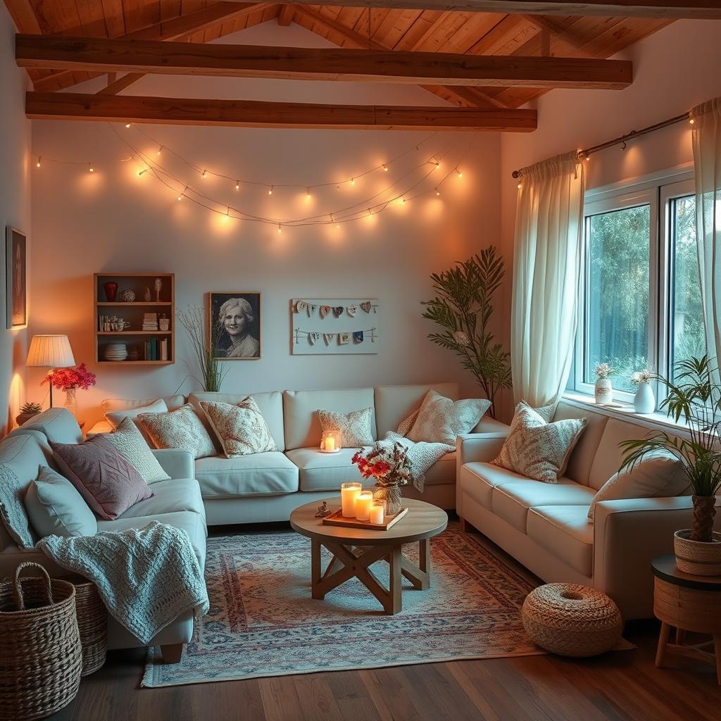 A serene and tranquil room filled with heartwarming elements, soft lighting, comfortable furniture, and cozy decorations