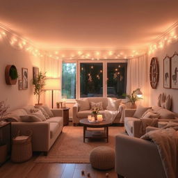 A serene and tranquil room filled with heartwarming elements, soft lighting, comfortable furniture, and cozy decorations