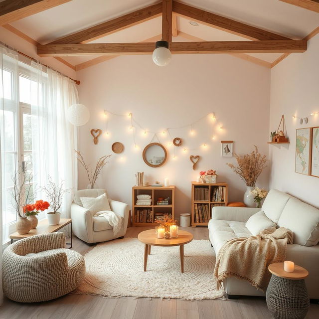 A serene and tranquil room filled with heartwarming elements, soft lighting, comfortable furniture, and cozy decorations