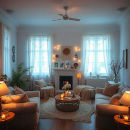 A serene and tranquil room filled with heartwarming elements, soft lighting, comfortable furniture, and cozy decorations