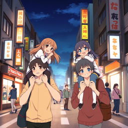 Create an image featuring two anime couples playing together in the streets of Japan at night with few people around