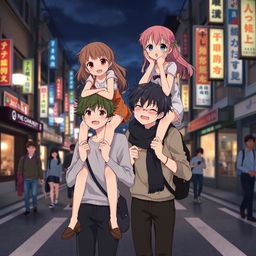 Create an image featuring two anime couples playing together in the streets of Japan at night with few people around