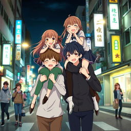 Create an image featuring two anime couples playing together in the streets of Japan at night with few people around