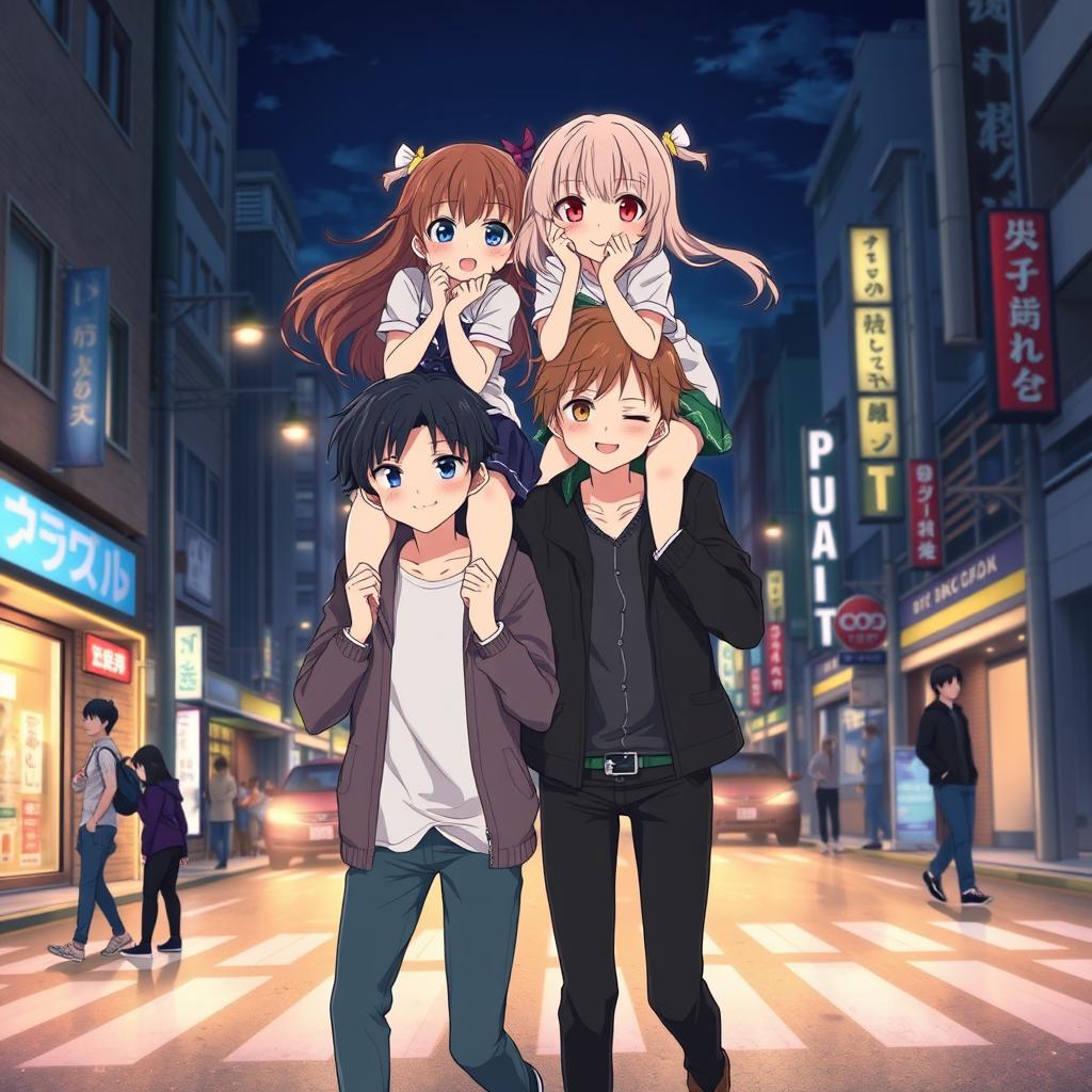 Create an image featuring two anime couples playing together in the streets of Japan at night with few people around