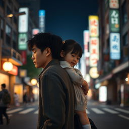 Create an image featuring a Japanese couple in the middle of Japan at night