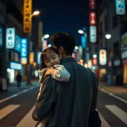 Create an image featuring a Japanese couple in the middle of Japan at night