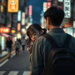 Create an image featuring a Japanese couple in the middle of Japan at night