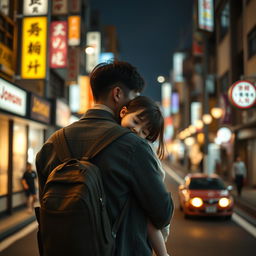 Create an image featuring a Japanese couple in the middle of Japan at night