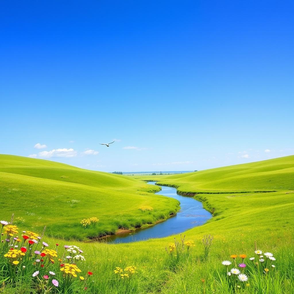 A serene landscape featuring a clear blue sky, lush green meadows, and a gentle river flowing through the middle