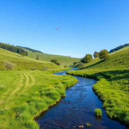 A serene landscape featuring a clear blue sky, lush green meadows, and a gentle river flowing through the middle