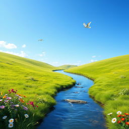 A serene landscape featuring a clear blue sky, lush green meadows, and a gentle river flowing through the middle