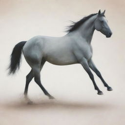 An abstract reinterpretation of the existing image, preserving the minimalist style and dreamy backdrop, yet placing emphasis on a slightly blurred, less detailed silhouette of a horse in motion