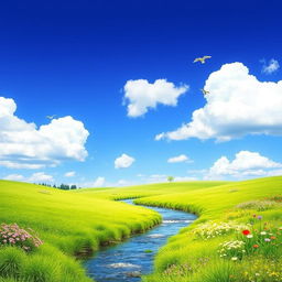 A serene landscape featuring a clear blue sky, lush green meadows, and a gentle river flowing through the middle