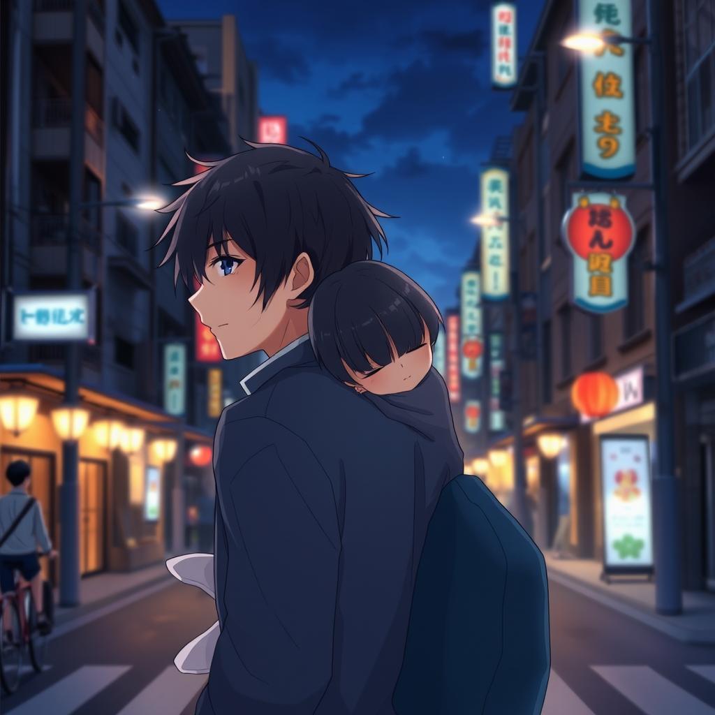 Create an image featuring an anime couple in Japan at night