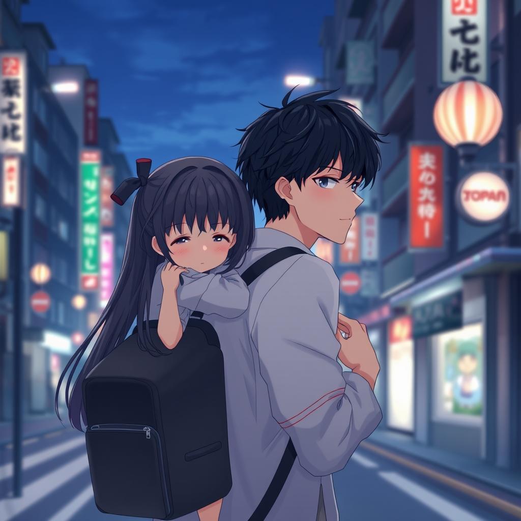 Create an image featuring an anime couple in Japan at night