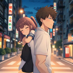 Create an image featuring an anime couple in Japan at night