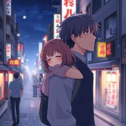 Create an image featuring an anime couple in Japan at night
