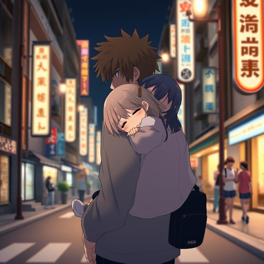 Create an image featuring an anime couple in Japan at night