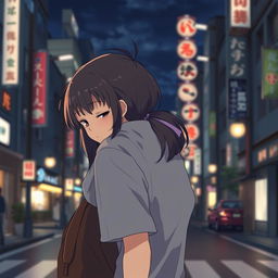 Create an image featuring an anime couple in Japan at night