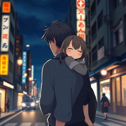 Create an image featuring an anime couple in Japan at night