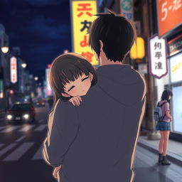 Create an image featuring an anime couple in Japan at night