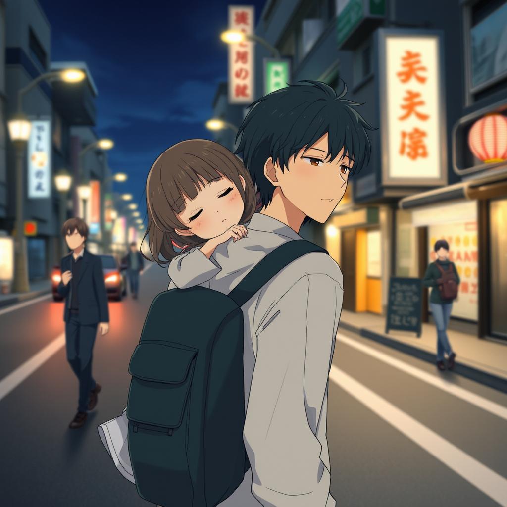 Create an image featuring a young anime couple in Japan at night