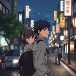 Create an image featuring a young anime couple in Japan at night