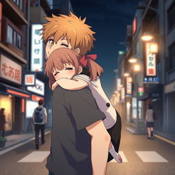 Create an image featuring a young anime couple in Japan at night