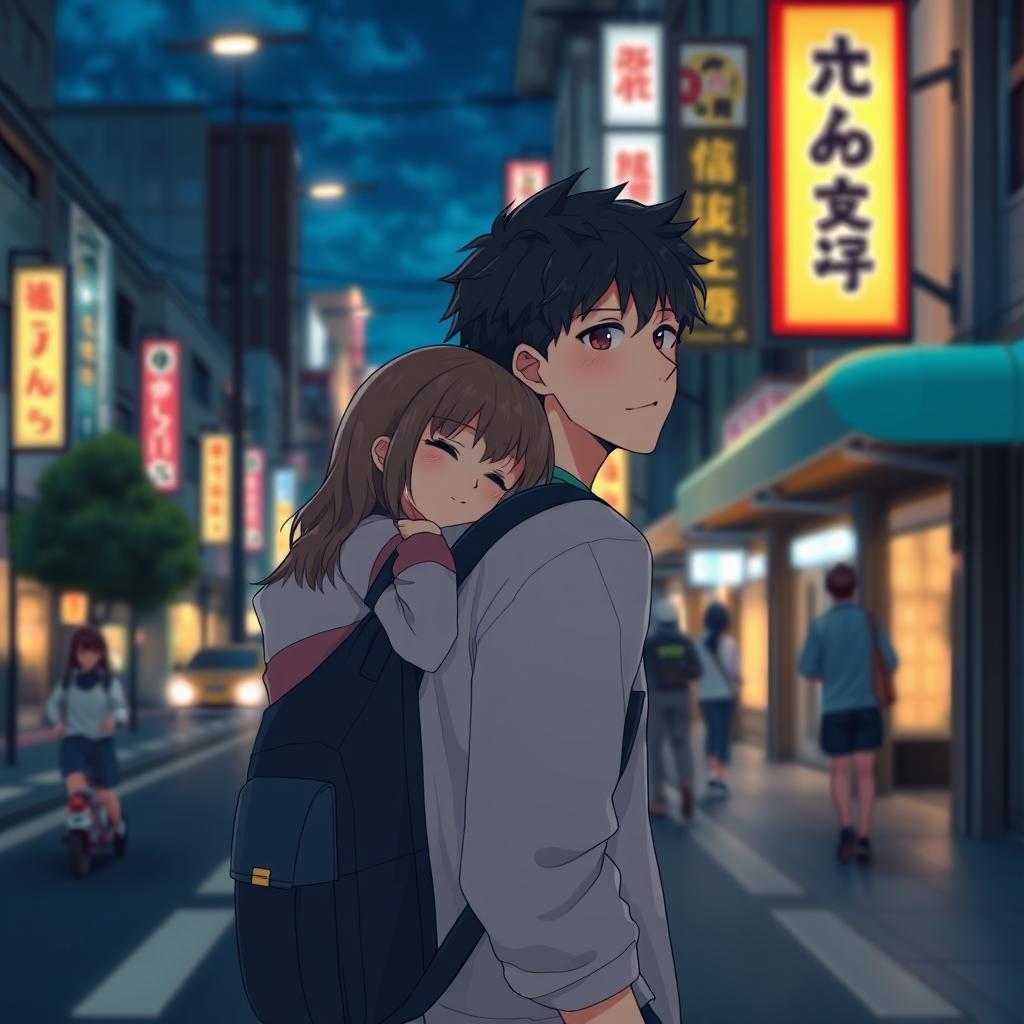 Create an image featuring a young anime couple in Japan at night