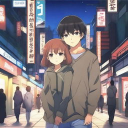 Create a front-view image featuring a young anime couple in Japan at night