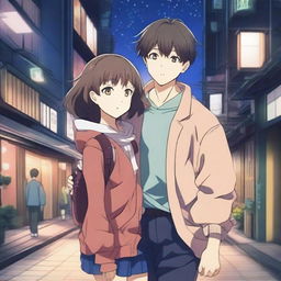 Create a front-view image featuring a young anime couple in Japan at night