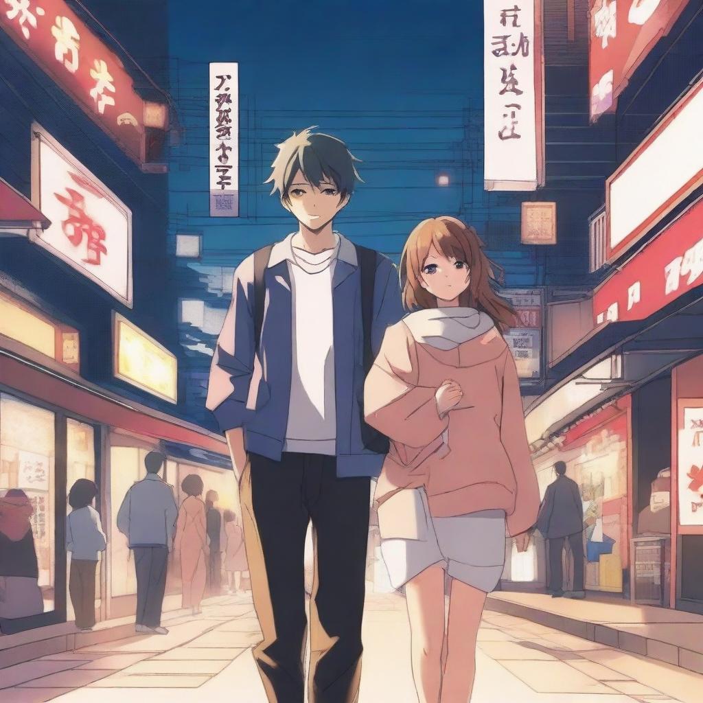 Create a front-view image featuring a young anime couple in Japan at night