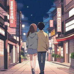 Create a front-view image featuring a young anime couple in Japan at night