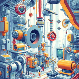 A detailed and vibrant illustration showcasing the concepts of engineering and technology