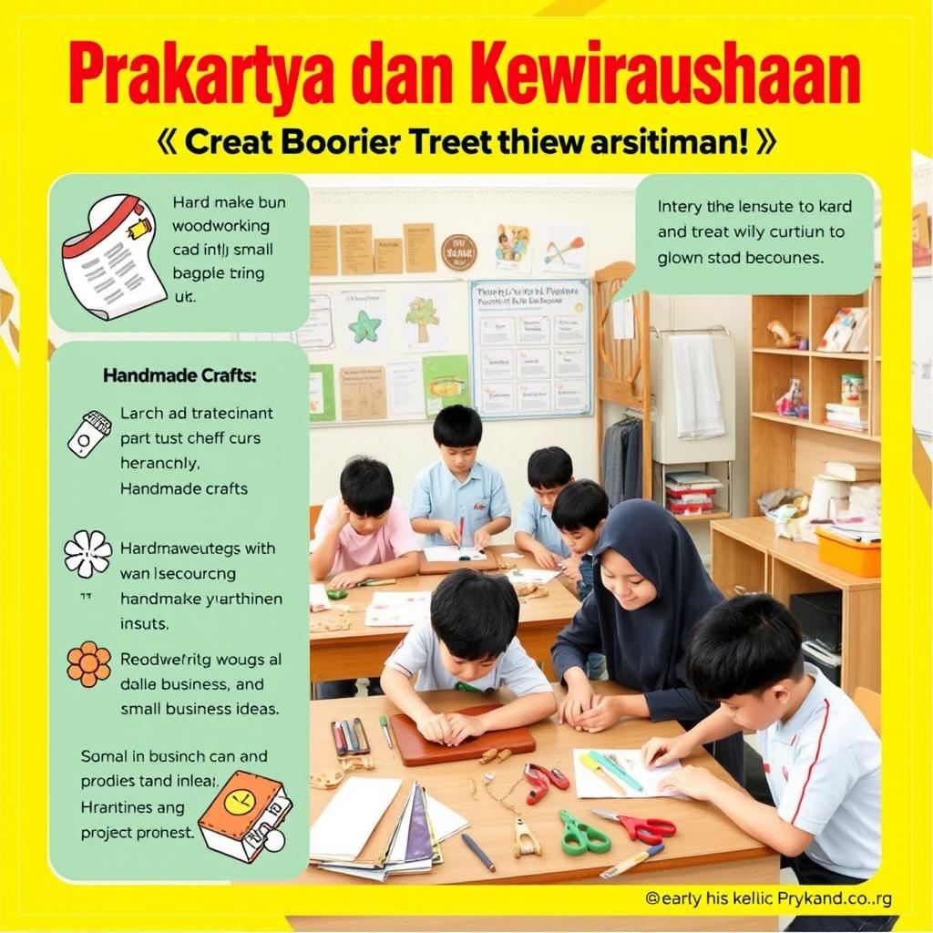 A vibrant and engaging image showcasing the concept of 'Prakarya dan Kewirausahaan' (Crafts and Entrepreneurship) with students working on various creative projects, such as handmade crafts, woodworking, and small business ideas