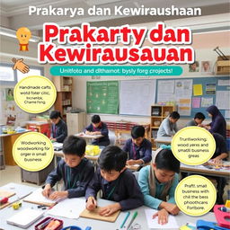 A vibrant and engaging image showcasing the concept of 'Prakarya dan Kewirausahaan' (Crafts and Entrepreneurship) with students working on various creative projects, such as handmade crafts, woodworking, and small business ideas