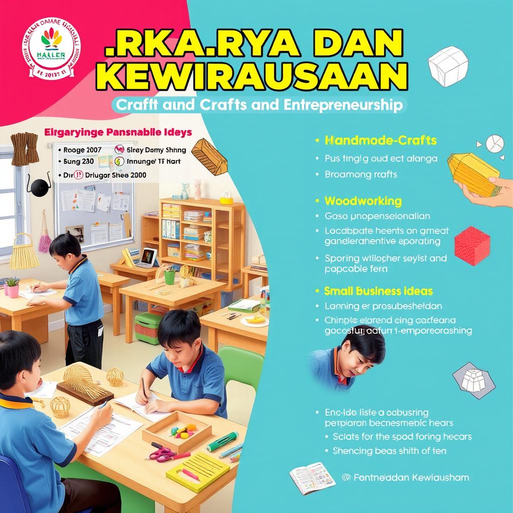 A vibrant and engaging image showcasing the concept of 'Prakarya dan Kewirausahaan' (Crafts and Entrepreneurship) with students working on various creative projects, such as handmade crafts, woodworking, and small business ideas