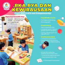 A vibrant and engaging image showcasing the concept of 'Prakarya dan Kewirausahaan' (Crafts and Entrepreneurship) with students working on various creative projects, such as handmade crafts, woodworking, and small business ideas