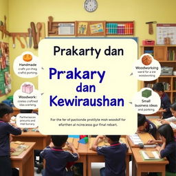 A vibrant and engaging image showcasing the concept of 'Prakarya dan Kewirausahaan' (Crafts and Entrepreneurship) with students working on various creative projects, such as handmade crafts, woodworking, and small business ideas