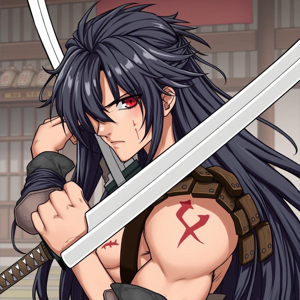 A detailed anime-style illustration of a samurai with long black hair that has grey strands