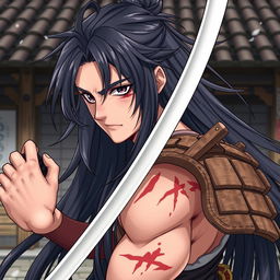 A detailed anime-style illustration of a samurai with long black hair that has grey strands