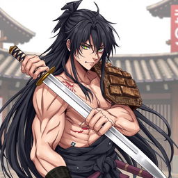 A detailed anime-style illustration of a samurai with long black hair that has grey strands