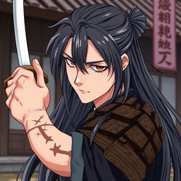 A detailed anime-style illustration of a samurai with long black hair that has grey strands