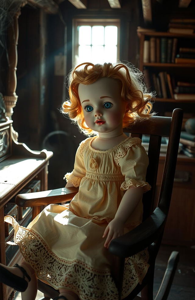 An old, vintage doll with porcelain skin, faded blue eyes, and a tattered dress sits on a wooden rocking chair in a dimly lit, cobweb-filled attic