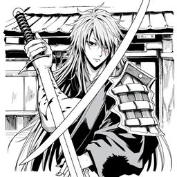 A black and white illustration in the style of Bleach