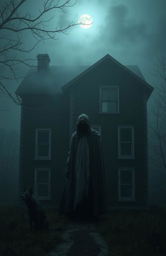 A haunting scene of a dark, abandoned house with an ominous figure at the entrance, capturing the essence of a supernatural grudge