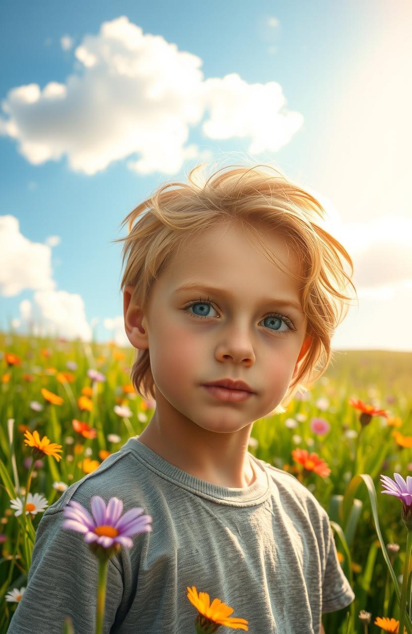 A serene image of a beautiful boy with striking features in a picturesque meadow, bathed in warm sunlight.