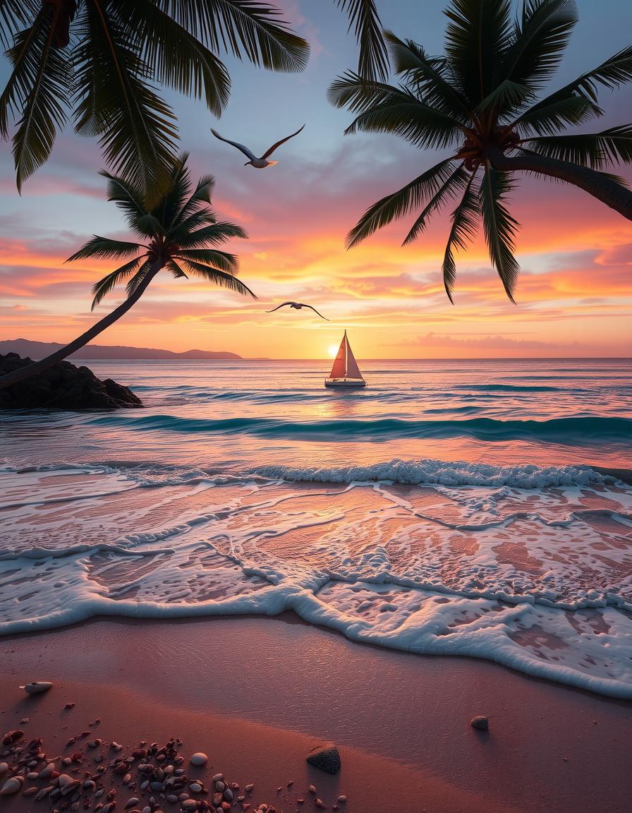 A breathtaking ocean view during sunset with colorful skies, gentle waves, a sailboat, palm trees, and seagulls, creating a peaceful and calming atmosphere