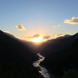 A beautiful landscape with mountains in the background, a river flowing through the middle, and a forest on either side